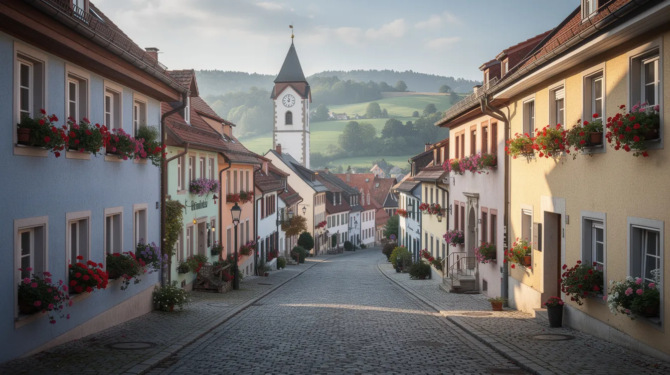 Die ruhige Aufnahme zeigt eine malerische süddeutsche Kleinstadt mit historischen Gebäuden, umgeben von sanften, grünen Hügeln im Hintergrund. Diese Idylle spiegelt das traditionelle Leben wider, das auch in den Werten von Unternehmen wie Lidl und Kaufland verwurzelt ist.