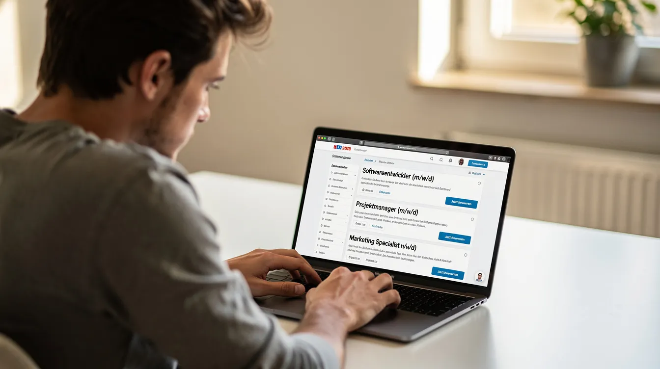 Eine Person sitzt konzentriert an einem Laptop und schaut auf einen Bildschirm, der Stellenangebote anzeigt, während im Hintergrund das Thema "Stellenabbau bei Amazon" diskutiert wird. Die Atmosphäre ist ernst, da die Suche nach neuen Arbeitsplätzen in Zeiten von Entlassungswellen und wirtschaftlichen Veränderungen von Bedeutung ist.