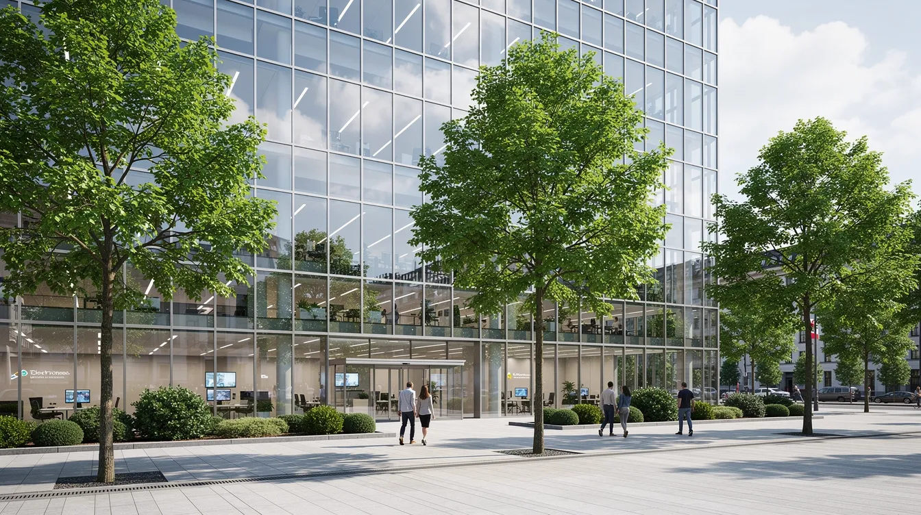 Das Bild zeigt moderne Bürogebäude einer Technologiefirma mit einer gläsernen Fassade, umgeben von Bäumen im Vordergrund. Diese Architektur spiegelt den Fortschritt und die Innovation wider, die oft mit Unternehmen wie Amazon und deren Cloud-Sparte in Verbindung gebracht werden.