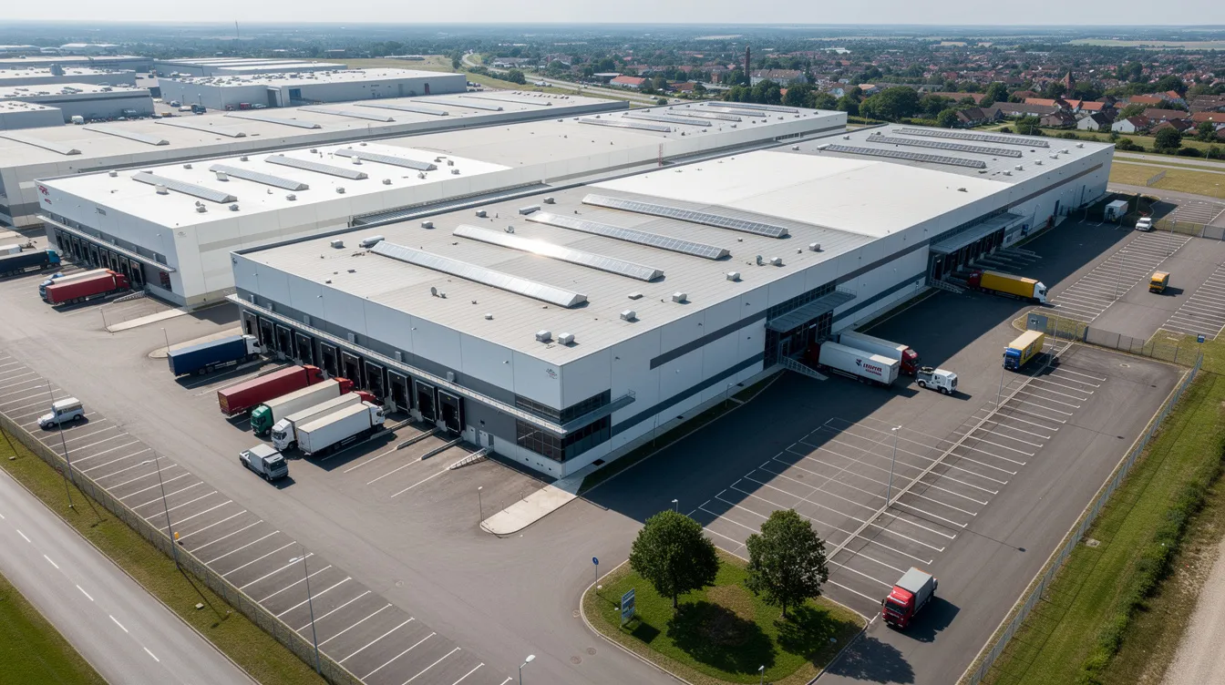Die Luftaufnahme zeigt eine moderne Schokoladenfabrik, auf deren Werksgelände Lastwagen parken. Die Fabrik gehört zu einem großen Nahrungsmittelkonzern, der bekannte Schokoladenmarken wie Milka produziert.