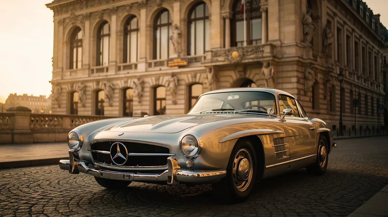 Ein klassischer Mercedes-Benz Sportwagen mit dem ikonischen Stern auf der Motorhaube steht majestätisch vor einem historischen Gebäude. Die elegante Form des Fahrzeugs unterstreicht die Geschichte und das Erbe der Marke Mercedes-Benz, die für ihre hochwertigen Automobile bekannt ist.