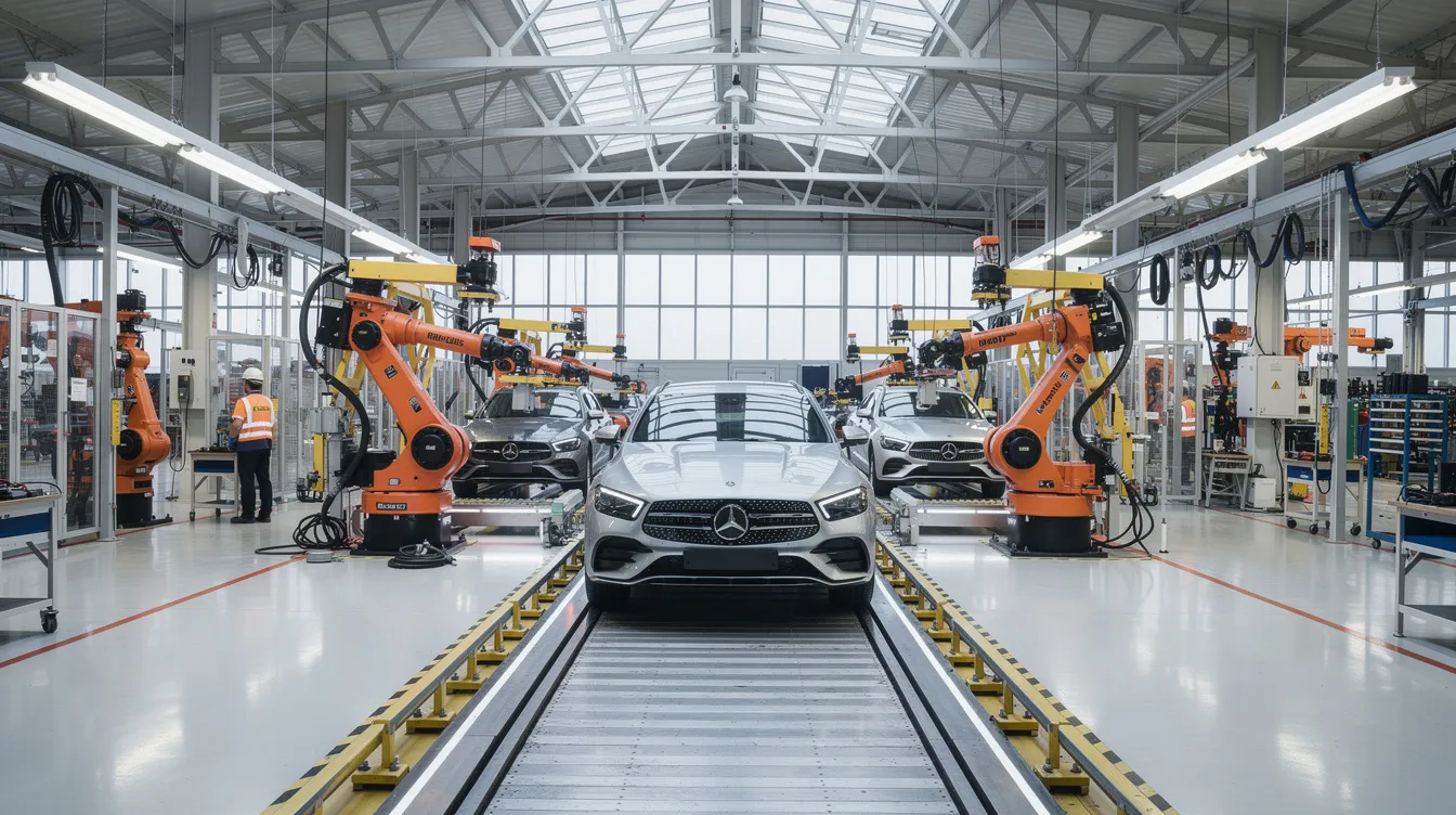 In der modernen Mercedes-Benz Produktionshalle sind Roboter zu sehen, die effizient Fahrzeuge auf dem Fließband montieren. Die Umgebung ist geprägt von fortschrittlicher Technologie und zeigt die Innovationskraft der Mercedes-Benz Group AG im Automobilbau.