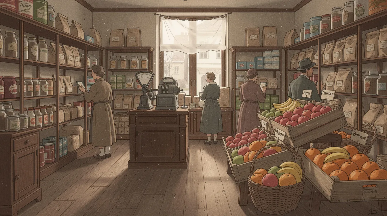Das Bild zeigt ein historisches Lebensmittelgeschäft aus den 1930er Jahren, ausgestattet mit Holzregalen und frischem Obst. Diese Darstellung vermittelt einen Eindruck vom Lebensmitteleinzelhandel der damaligen Zeit und erinnert an die Wurzeln von Unternehmen wie Lidl und Kaufland, die heute Marktführer im Lebensmittelhandel sind.