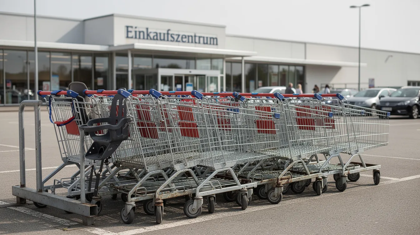 Auf dem Parkplatz vor einem Einkaufszentrum stehen mehrere Einkaufswagen nebeneinander. Diese Wagen sind typisch für den Lebensmitteleinzelhandel und werden häufig in Supermärkten wie Edeka oder Netto Marken-Discount verwendet.