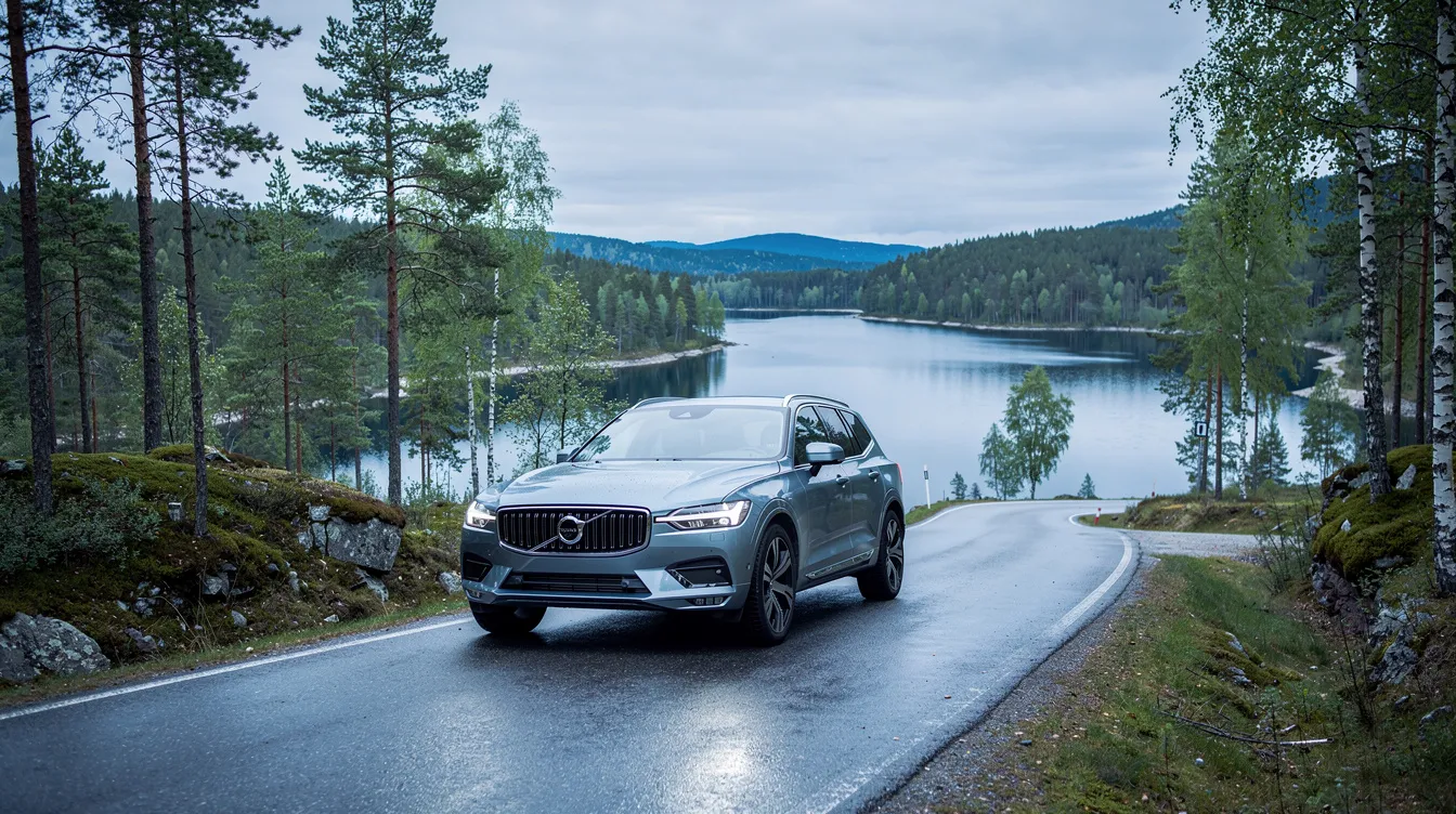 Ein moderner Volvo SUV fährt auf einer Straße, umgeben von einer malerischen skandinavischen Landschaft mit dichten Wäldern und glitzernden Seen. Diese Szene verkörpert die Verbindung zwischen der Marke Volvo und der natürlichen Schönheit Schwedens.
