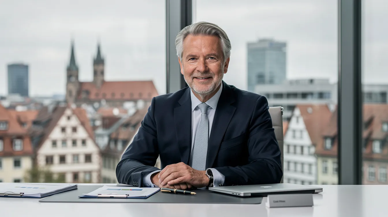 Das Porträt zeigt einen älteren Geschäftsmann in einem Büro, das mit Blick auf eine deutsche Stadtlandschaft ausgestattet ist. Er verkörpert die Werte eines erfolgreichen Unternehmers im Lebensmitteleinzelhandel, möglicherweise in Verbindung mit der Norma-Gruppe, die für ihre Discounter bekannt ist.