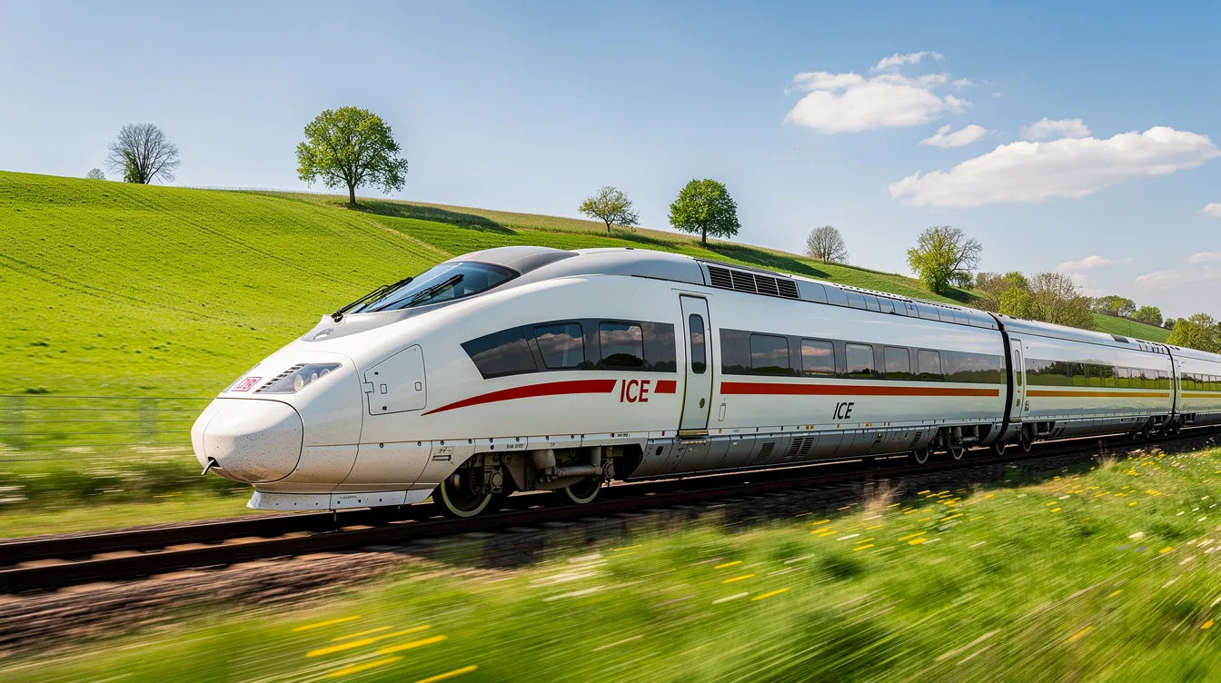 Ein moderner ICE-Zug der Deutschen Bahn AG fährt durch eine grüne Landschaft an einem sonnigen Tag, während die Sonne auf die Wiesen scheint und die Bäume sanft im Wind wiegen. Dieses Bild spiegelt die Verbindung zwischen effizientem Transport und der schönen Natur in Deutschland wider.