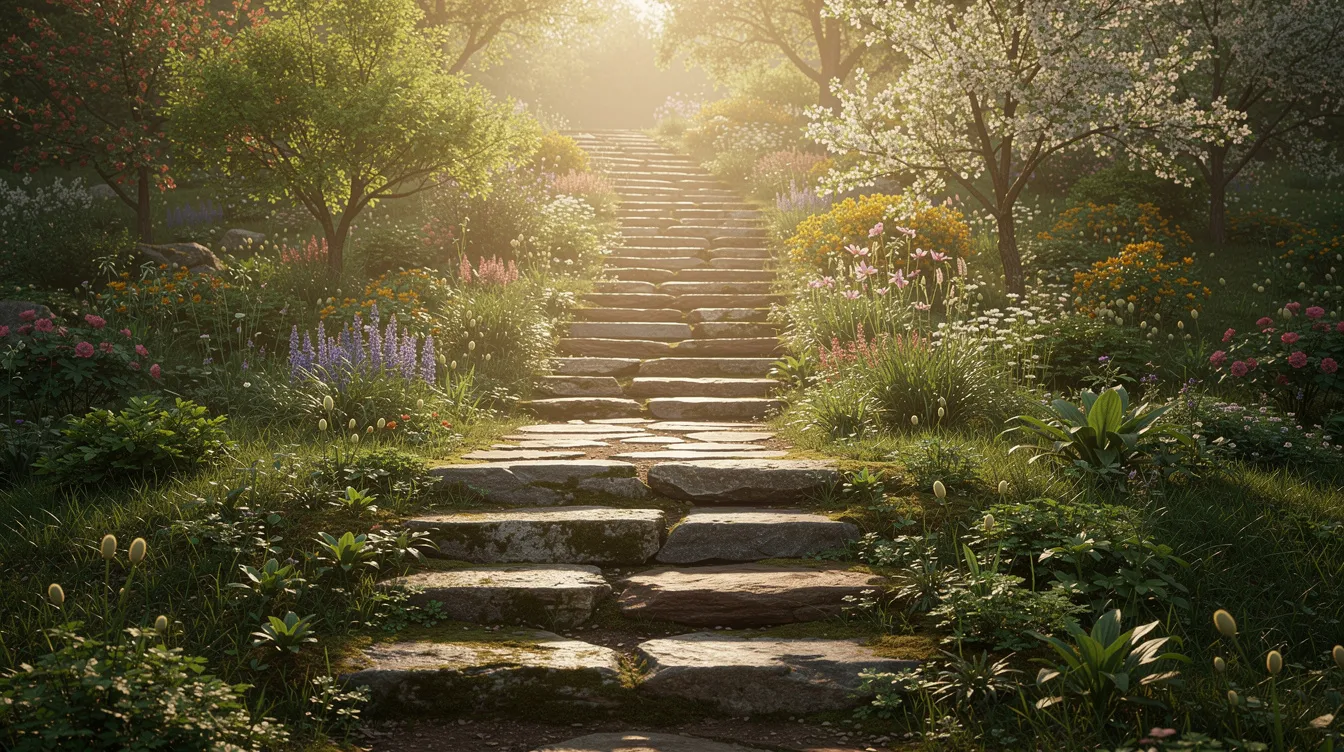 Die Steintreppe in einem Garten symbolisiert die Stufen des Wachstums und Aufstiegs, umgeben von üppiger Vegetation. Diese Darstellung könnte auch die Reise von Mitarbeitern in einem Unternehmen widerspiegeln, die durch ihre Entwicklung und Produktivität zu den Top Arbeitgebern Deutschlands streben.