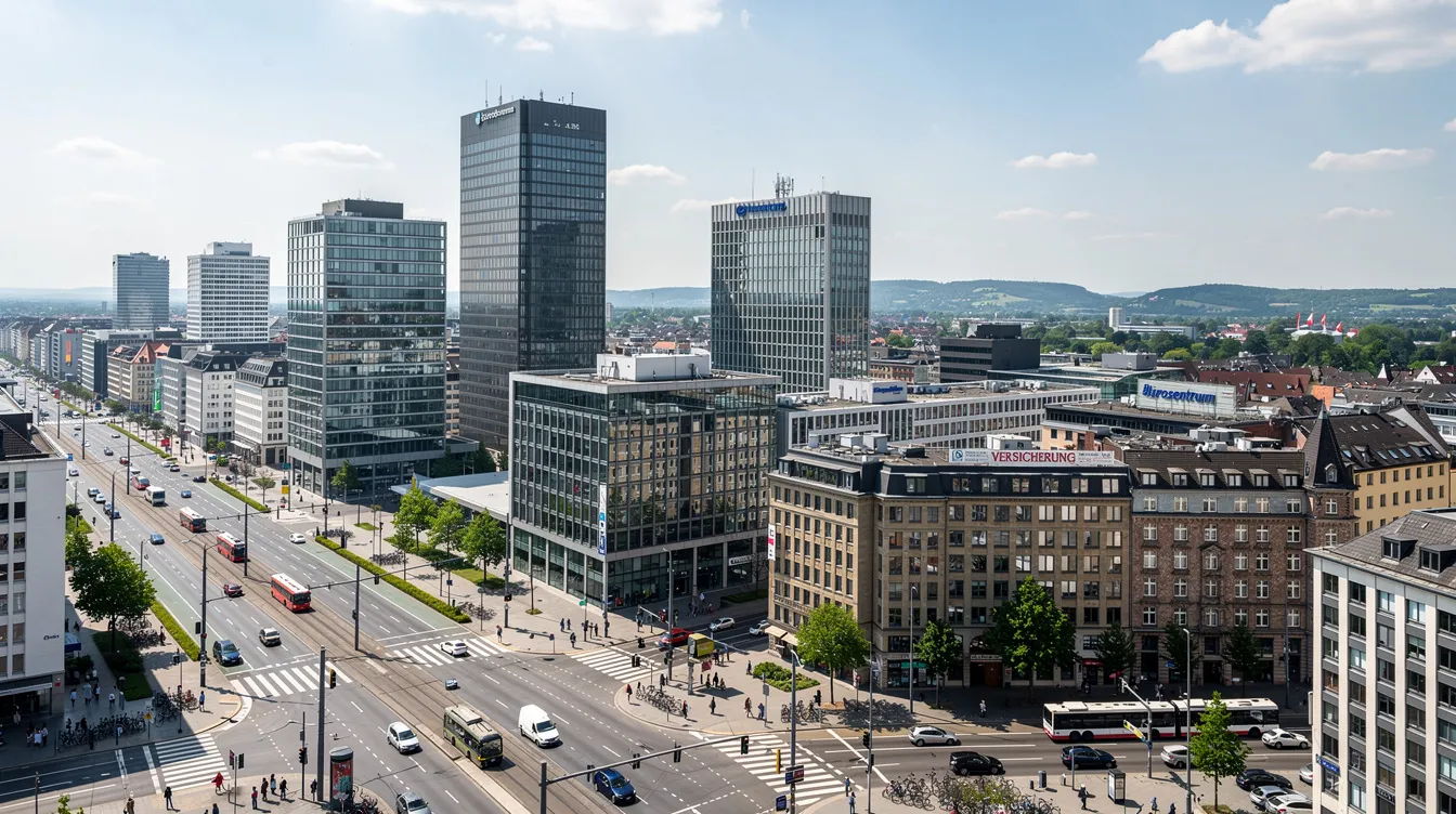 Der Panoramablick zeigt eine große deutsche Großstadt mit modernen Bürotürmen und belebten Straßen bei Tageslicht, in der zahlreiche Unternehmen wie die Deutsche Telekom AG und die Deutsche Bahn AG ansässig sind, die zu den größten Arbeitgebern in Deutschland zählen. Die Stadt vermittelt ein dynamisches Arbeitsumfeld, das viele Beschäftigte anzieht.