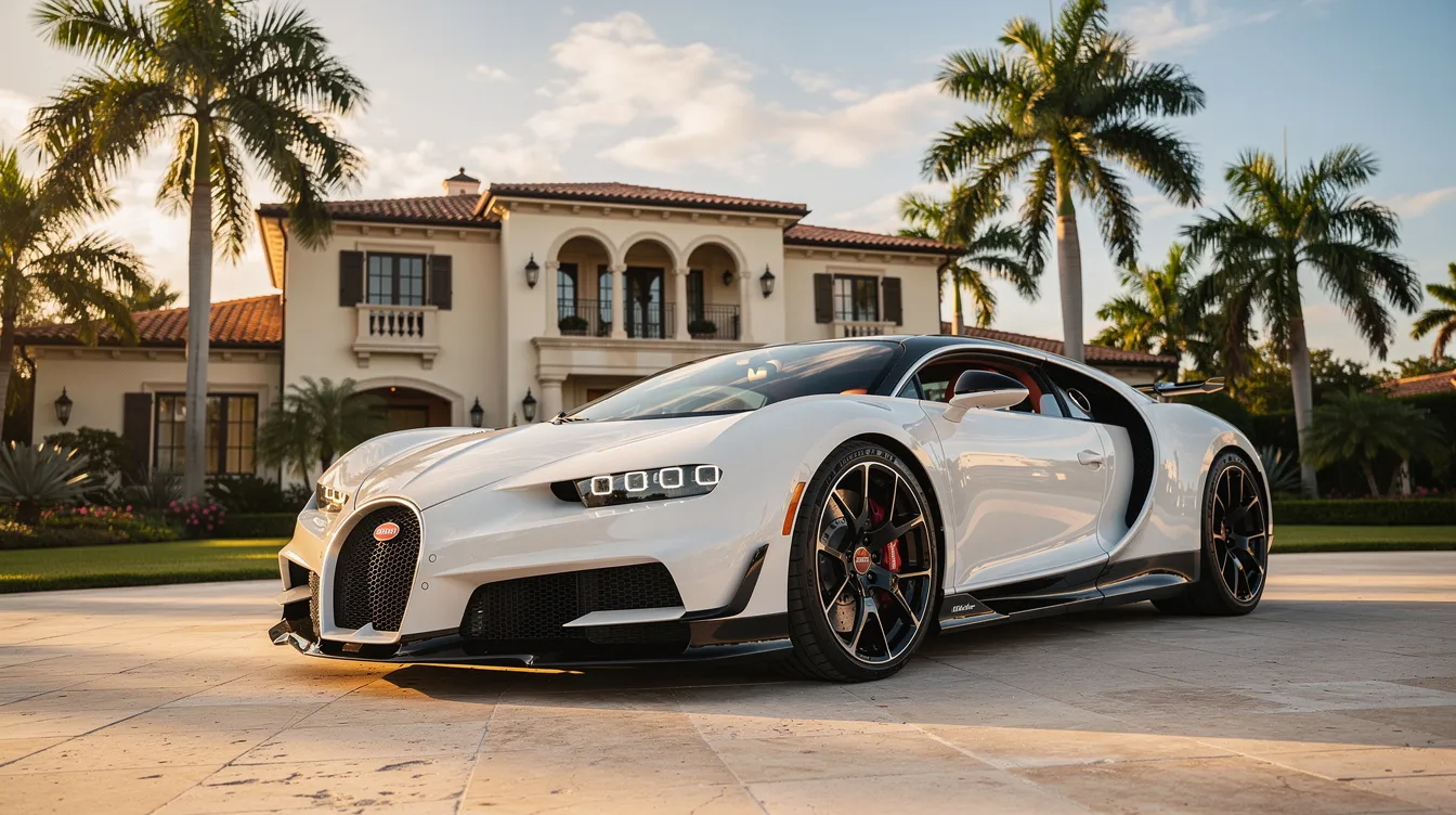 Ein moderner Bugatti Centodieci in Weiß steht majestätisch vor einer eleganten Villa, umgeben von Palmen. Dieses Sondermodell repräsentiert das exquisite Design und die Geschichte der französischen Hypersportwagen, die in Molsheim hergestellt werden.