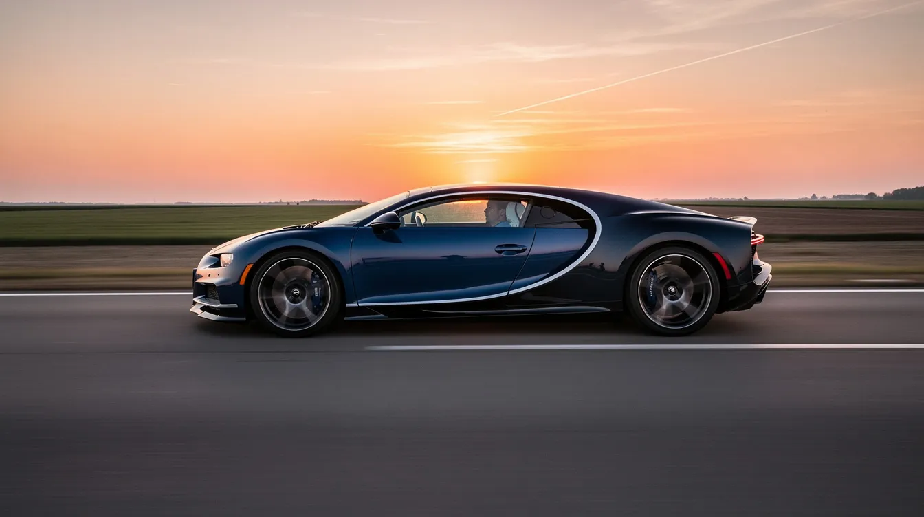 Ein dunkelblauer Bugatti Chiron fährt mit hoher Geschwindigkeit auf einer geraden Straße bei Sonnenuntergang, wobei die Seitenansicht des Hypersportwagens eindrucksvoll zur Geltung kommt. Das Bild zeigt das elegante Design und die sportliche Präsenz dieses exklusiven Fahrzeugs, das für seine Höchstgeschwindigkeit und Geschichte bekannt ist.