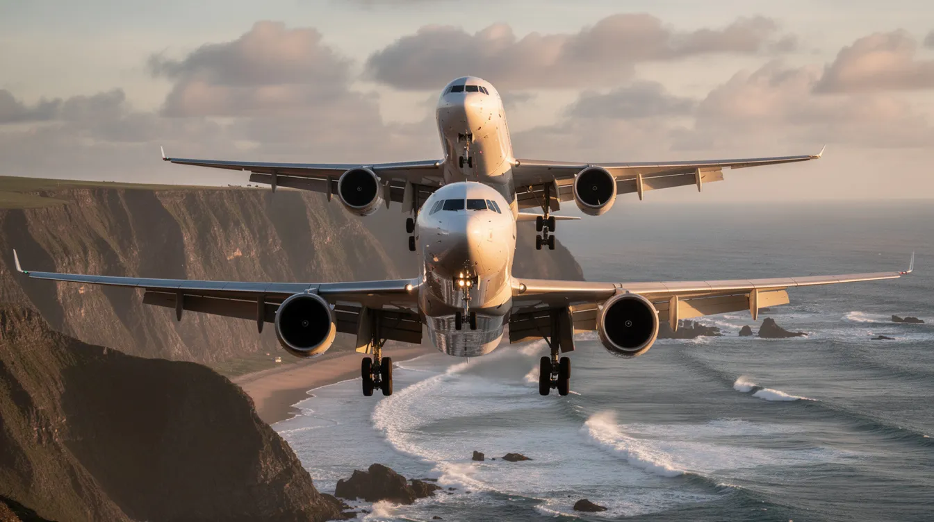 Ein modernes Langstreckenflugzeug mit zwei Triebwerken befindet sich im Landeanflug über einer malerischen Küstenlandschaft. Dieses Flugzeug gehört zur Flotte von Condor und ist Teil der deutschen Luftfahrtindustrie.