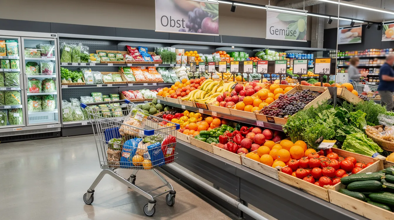 Der Bildausschnitt zeigt einen gut gefüllten Supermarktgang, in dem frisches Obst und Gemüse ausgestellt sind. Einkaufswagen stehen bereit, während Kunden die Vielfalt der Produkte in diesem wichtigen Bereich des Lebensmitteleinzelhandels erkunden.