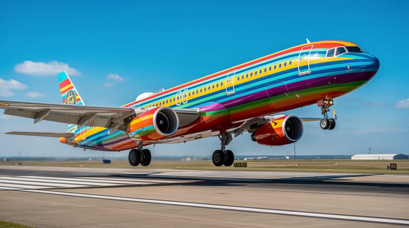 Ein bunt gestreiftes Passagierflugzeug, das zur Condor-Flotte gehört, hebt gerade auf einer Landebahn ab, während der strahlend blaue Himmel im Hintergrund leuchtet. Das Bild vermittelt ein Gefühl von Bewegung und Fortschritt in der Luftfahrt.