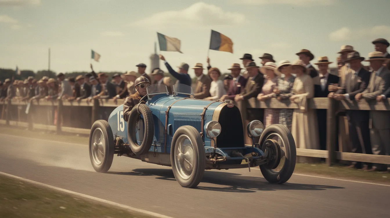 Ein klassischer blauer Bugatti-Rennwagen aus den 1920er-Jahren fährt auf einer Rennstrecke, umgeben von Zuschauern in historischer Kleidung, die die Atmosphäre des Rennsports dieser Zeit genießen. Der Bugatti repräsentiert die Geschichte und das Design französischer Supersportwagen und ist ein begehrtes Sammlerstück.