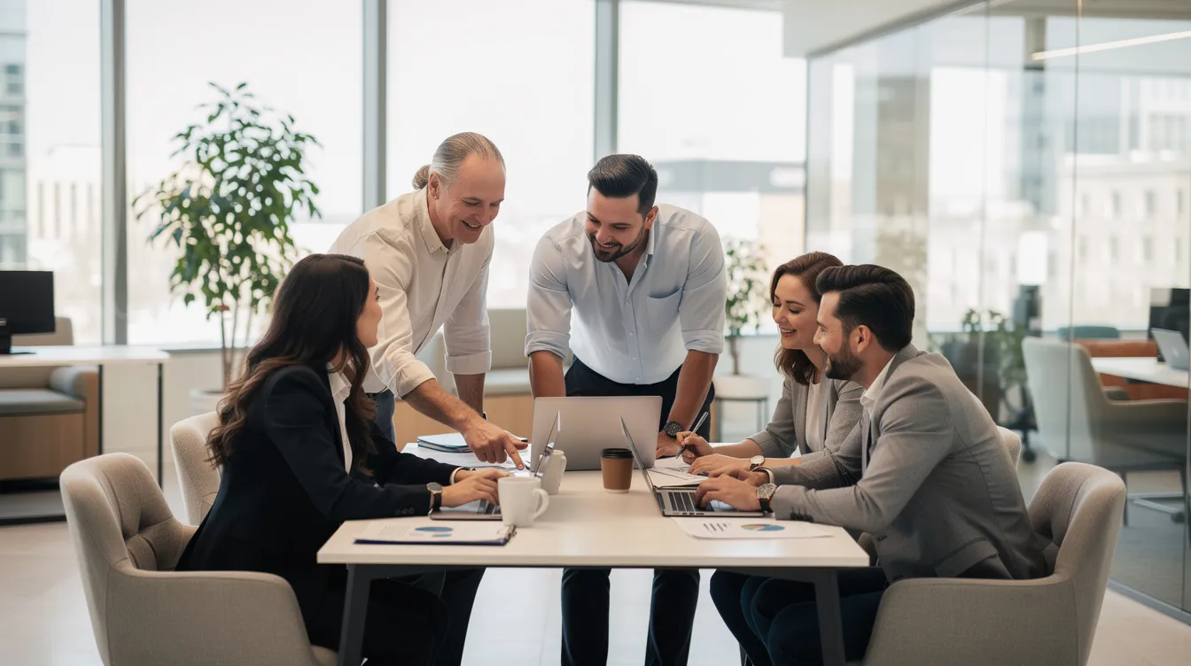 In einem modernen, lichtdurchfluteten Büro eines mittelständischen Unternehmens arbeiten diverse Fachkräfte gemeinsam an einem Projekt. Die Szene zeigt engagierte Mitarbeiter, die sich auf ihre Aufgaben konzentrieren und dabei die Produktivität und das Wohlbefinden im Fokus haben.