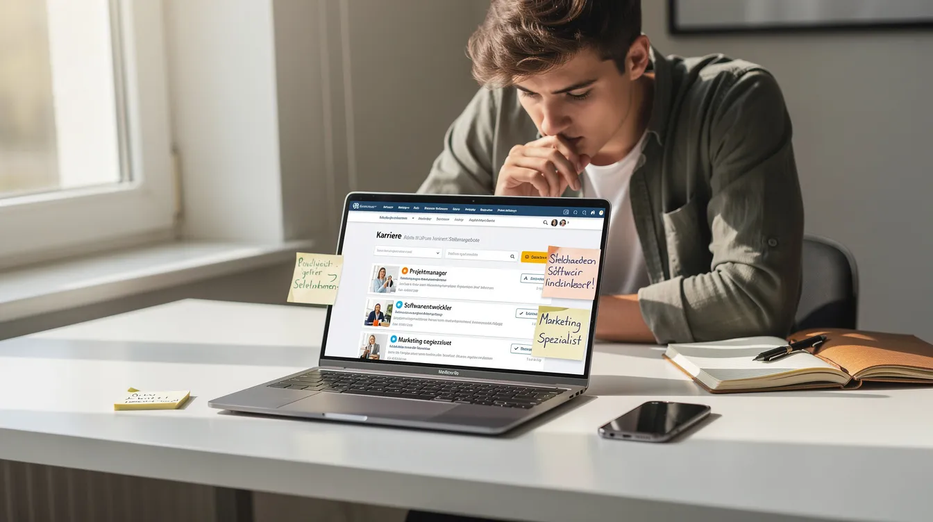 Eine Person sitzt an einem Laptop und betrachtet verschiedene Karrieremöglichkeiten sowie Stellenangebote in unterschiedlichen Branchen. Der Fokus liegt auf der Suche nach einem geeigneten Arbeitgeber, um die eigene Produktivität und das Wohlbefinden zu steigern.