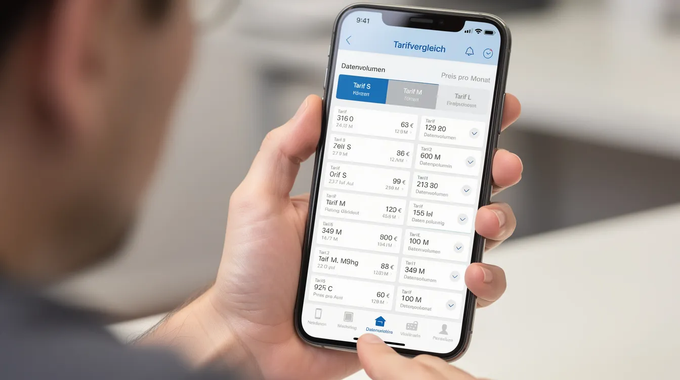 Eine Nahaufnahme zeigt eine Person, die ein Smartphone in der Hand hält und auf dem Display verschiedene Mobilfunk-Tarife vergleicht, darunter Angebote von klarmobil und anderen Mobilfunkanbietern. Die Person scheint konzentriert, während sie die unterschiedlichen Optionen hinsichtlich Preis und Datenvolumen prüft.
