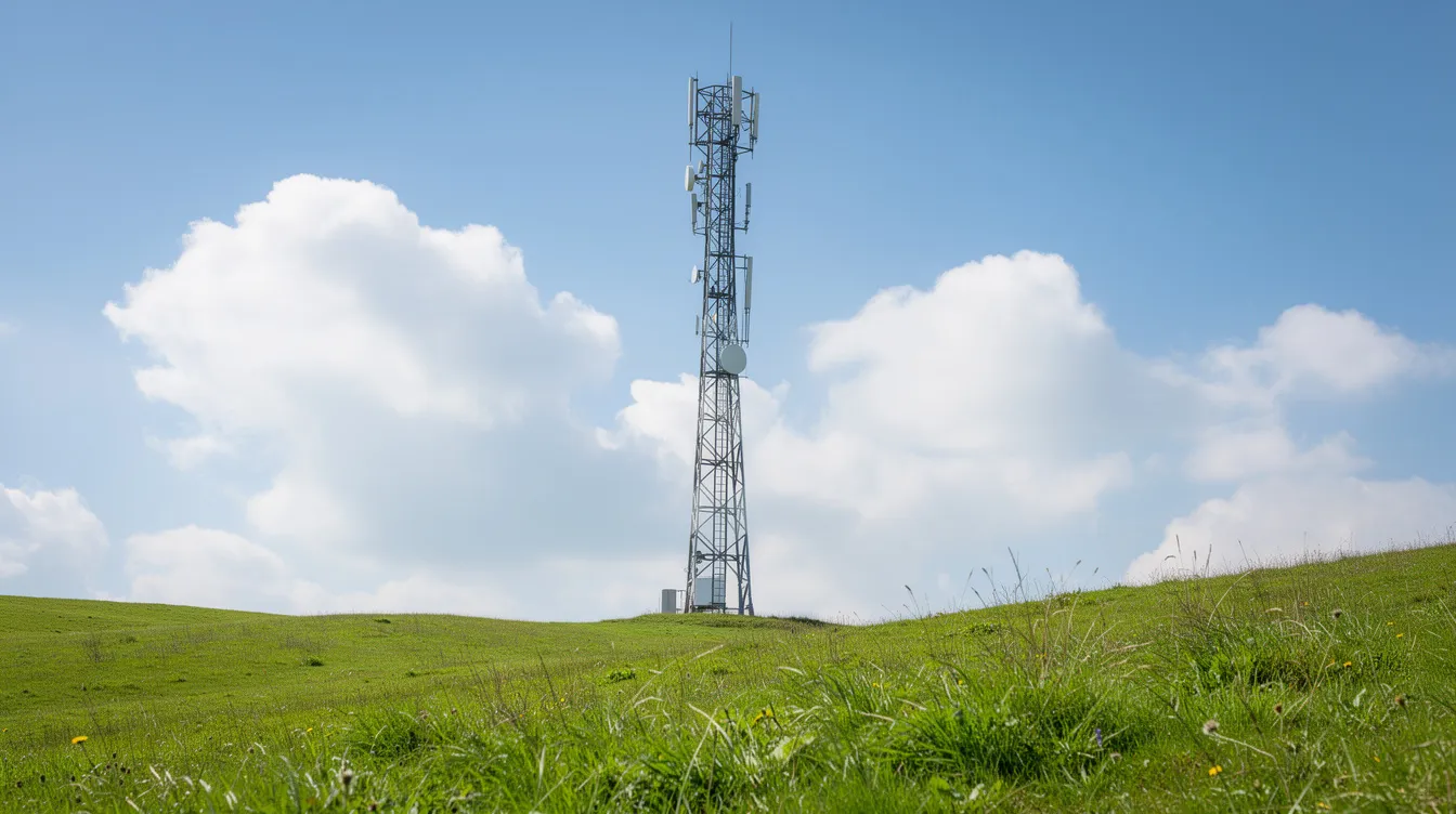 Ein Mobilfunk-Sendemast steht auf einer grünen Wiese unter einem blauen Himmel mit weißen Wolken. Dieser Mast ist ein wichtiger Bestandteil der Netzabdeckung für Mobilfunkanbieter wie klarmobil, die ihren Kunden zuverlässige Handytarife und Datenvolumen im D-Netz anbieten.