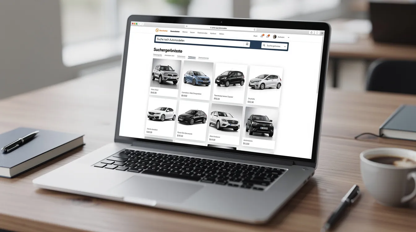 Auf dem Schreibtisch steht ein aufgeklappter Laptop, der eine Webseite zeigt, auf der verschiedene Automodelle wie Dacia Duster und Sandero sowie Suchergebnisse zu diesen Fahrzeugen angezeigt werden. Die Seite enthält Informationen zu den verfügbaren Modellen und möglicherweise auch Optionen für den Kauf oder die Anfrage von Angeboten.