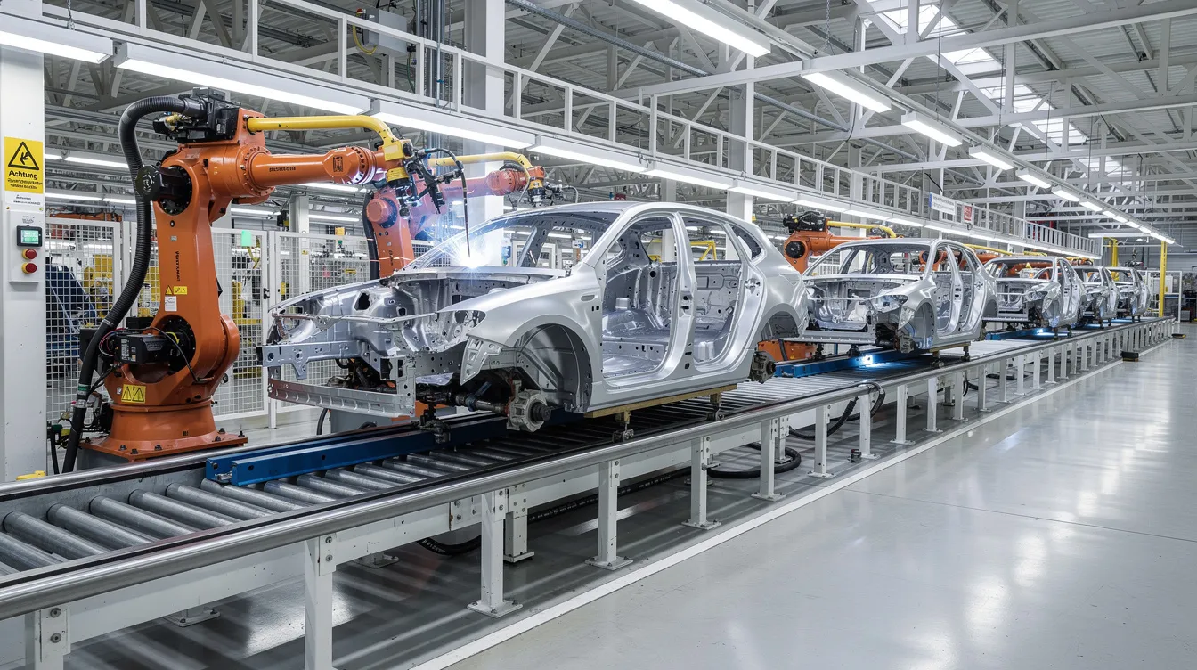 Das Bild zeigt eine moderne Automobilfertigungsstraße, auf der Roboter Karosserien effizient auf einem Fließband montieren. Im Hintergrund sind verschiedene Automodelle, darunter Dacia, sichtbar, die auf die Fertigstellung warten.