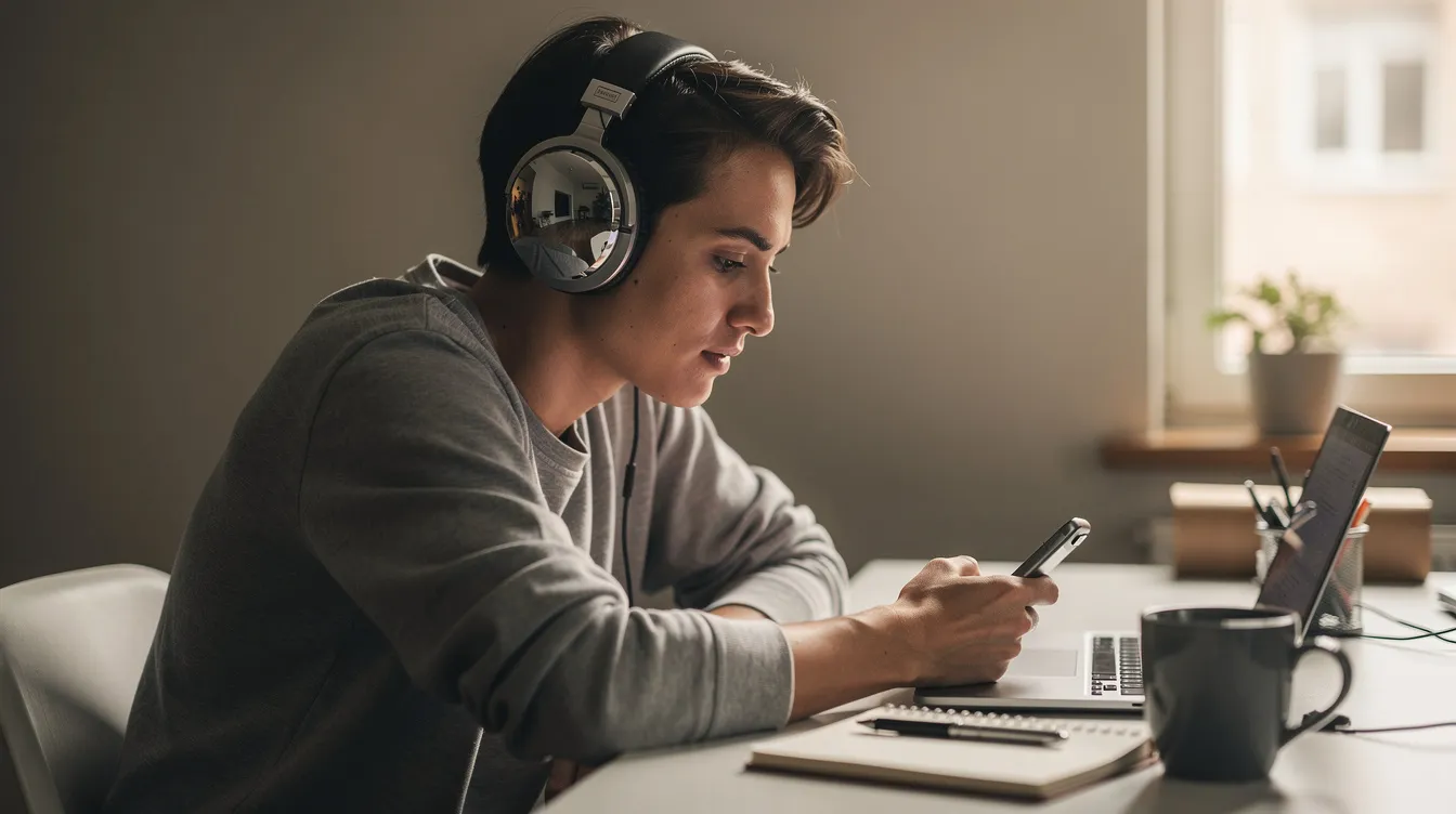 Eine Person mit Kopfhörern sitzt konzentriert an einem Schreibtisch und hört einem Podcast zu, der sich mit den Themen Produktivität und Arbeitgeber in Deutschlands Mittelstand beschäftigt. Auf dem Tisch liegen Notizen, während die Person aufmerksam den Informationen lauscht.
