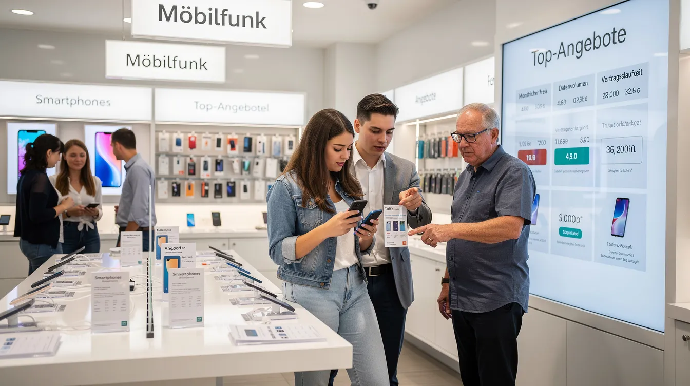 In einem Elektronikgeschäft stehen mehrere Personen zusammen und vergleichen verschiedene Smartphones sowie deren Handytarife. Sie prüfen die Angebote von Mobilfunkanbietern wie klarmobil und diskutieren über die Netzqualität der D-Netze und die besten Tarife für ihre Bedürfnisse.