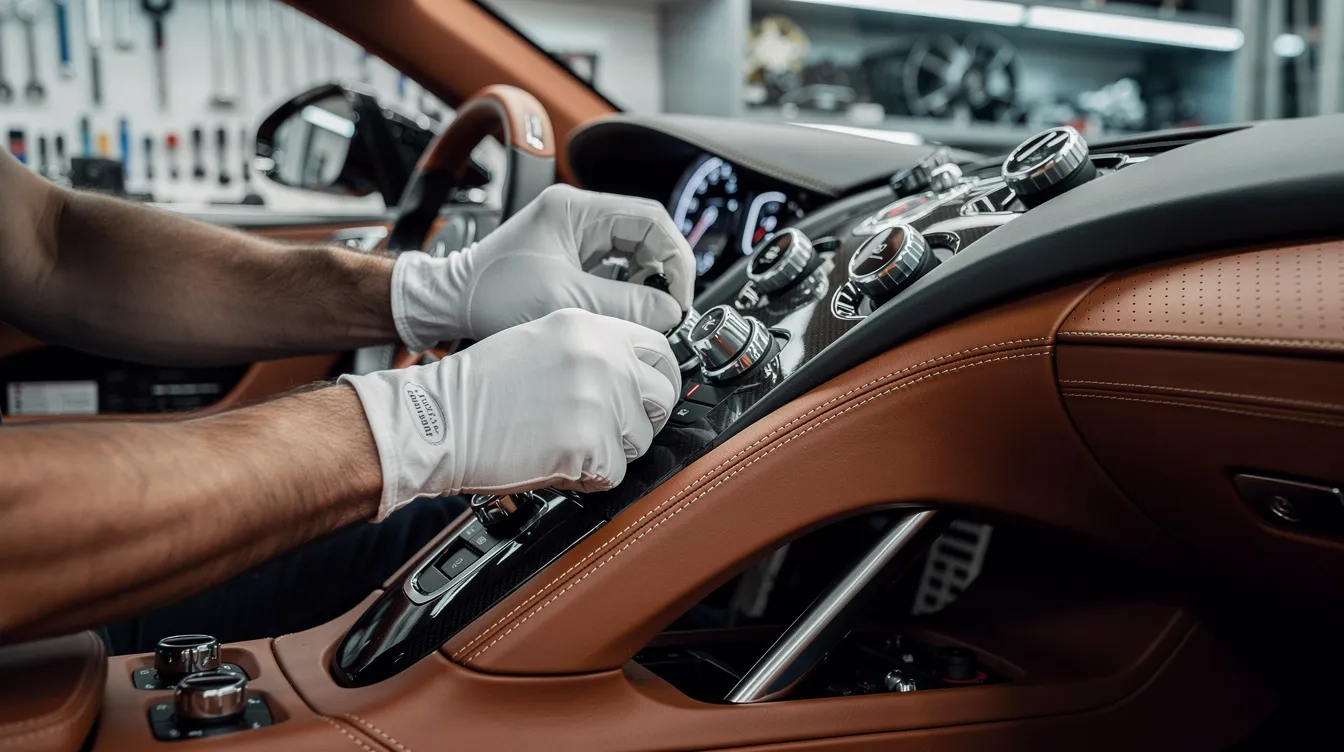 Ein Handwerker in weißen Handschuhen montiert sorgfältig Interieur-Details in der Bugatti-Manufaktur in Molsheim, während ein eleganter Ledersitz und ein modernes Armaturenbrett im Hintergrund sichtbar sind. Diese Szene spiegelt die exquisite Handwerkskunst und das außergewöhnliche Design der Bugatti-Fahrzeuge wider.